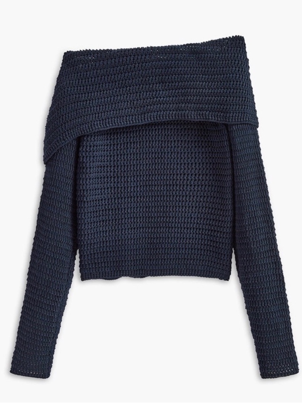 Commense Navy Blue Crochet Knit Asymmetrical Button Off Shoulder Cardigan